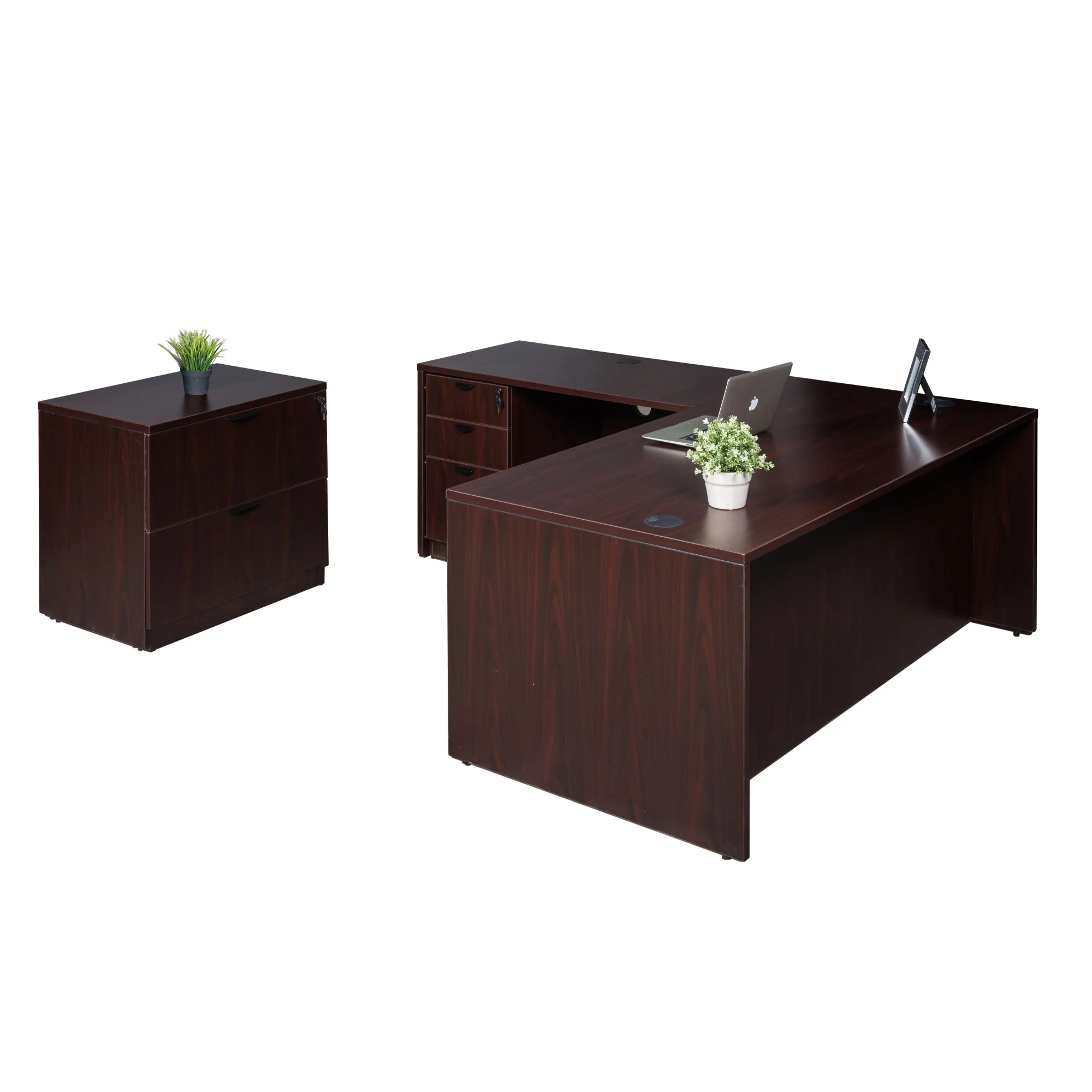 Boss Office Products 71 Inch Executive L-Shape Corner Desk with Box/Box/File Storage Pedestal and 2 Drawer Lateral File, Mahogany