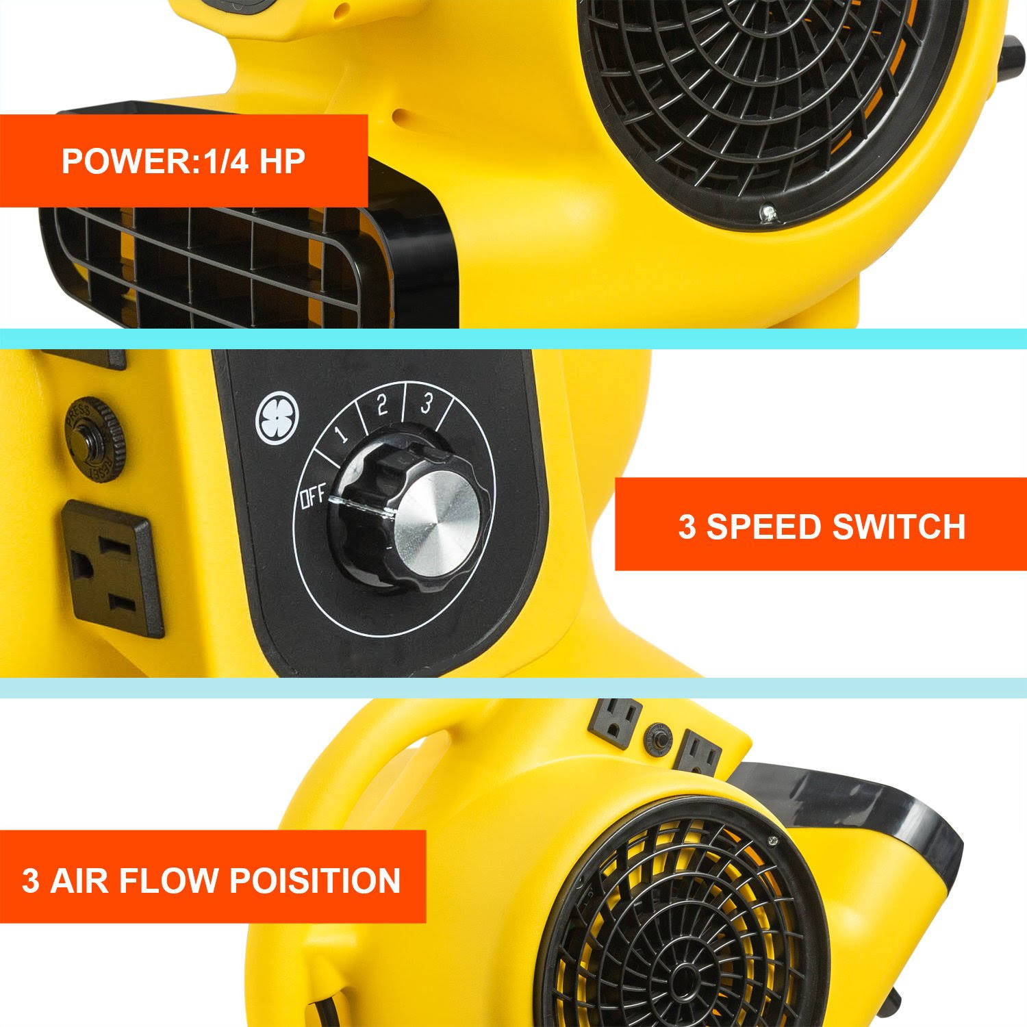 3-Speed Air Mover Floor Carpet Dryers Lightweight Blower Floor Fan Ventilator