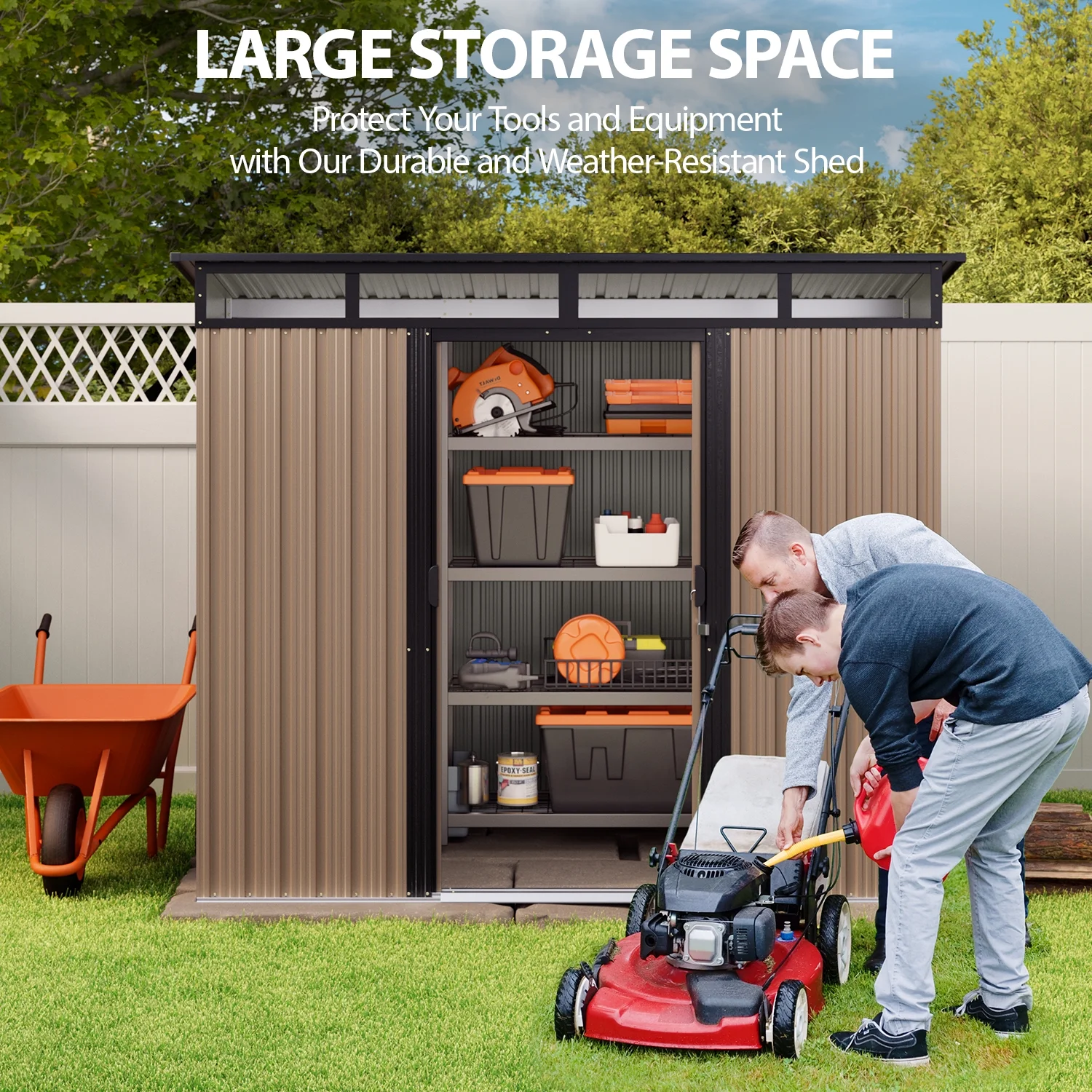 8'x6' Metel Shed, Lofka Outdoor Storage Shed,w/ Sliding Doors, Light Brown