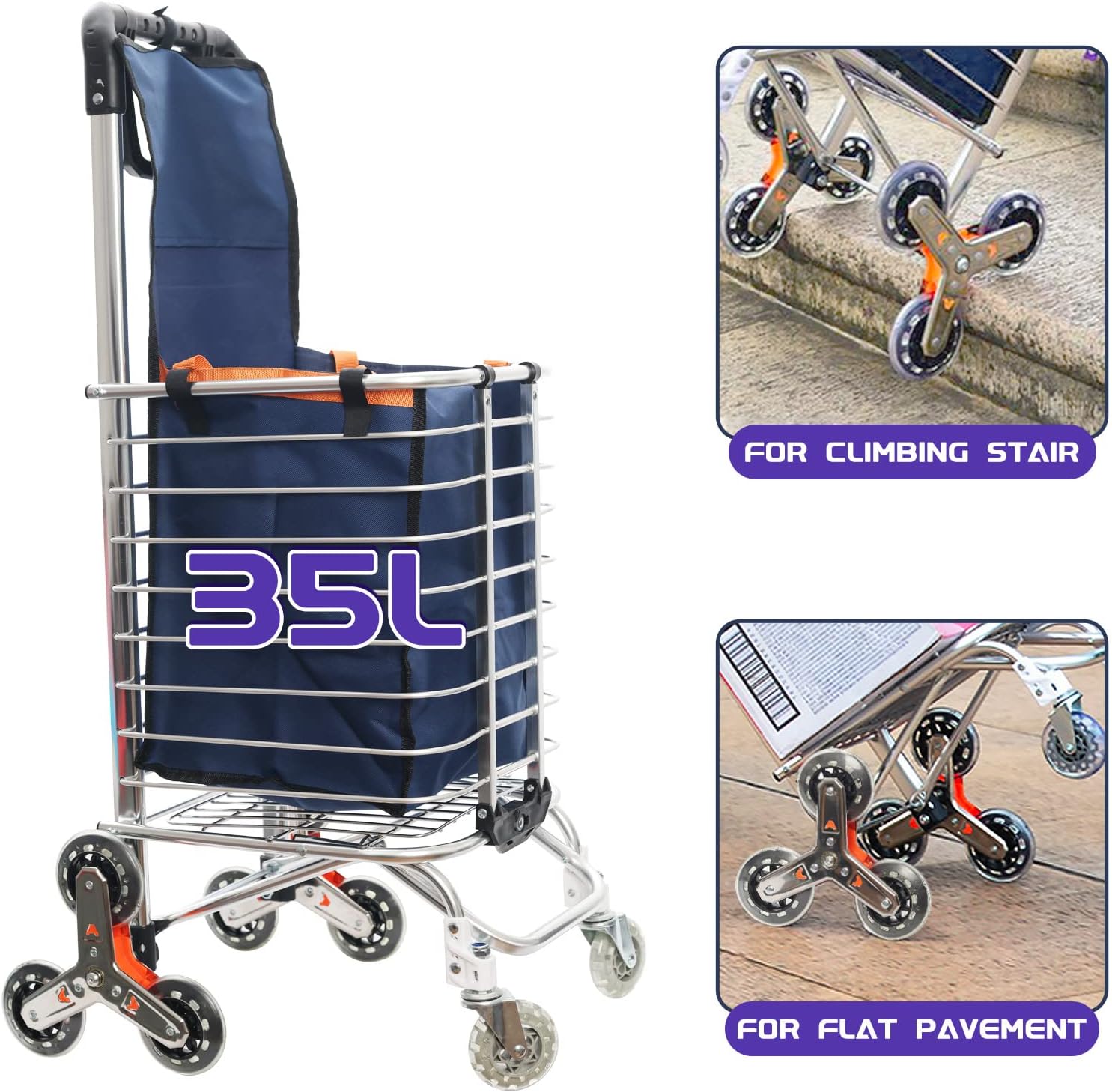 Portable Shopping Cart Stair Climbing Cart Folding Grocery Utility Carts with Rolling Swivel Wheels and Waterproof Removable Canvas Bag Utility Shopping Cart