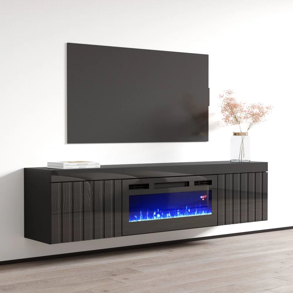 Knoxville BL-EF Floating Fireplace TV Stand for TVs up to 80", Modern High Gloss 71" Entertainment Center, Wall Mounted Electric Fireplace TV Media Console with Storage Cabinets