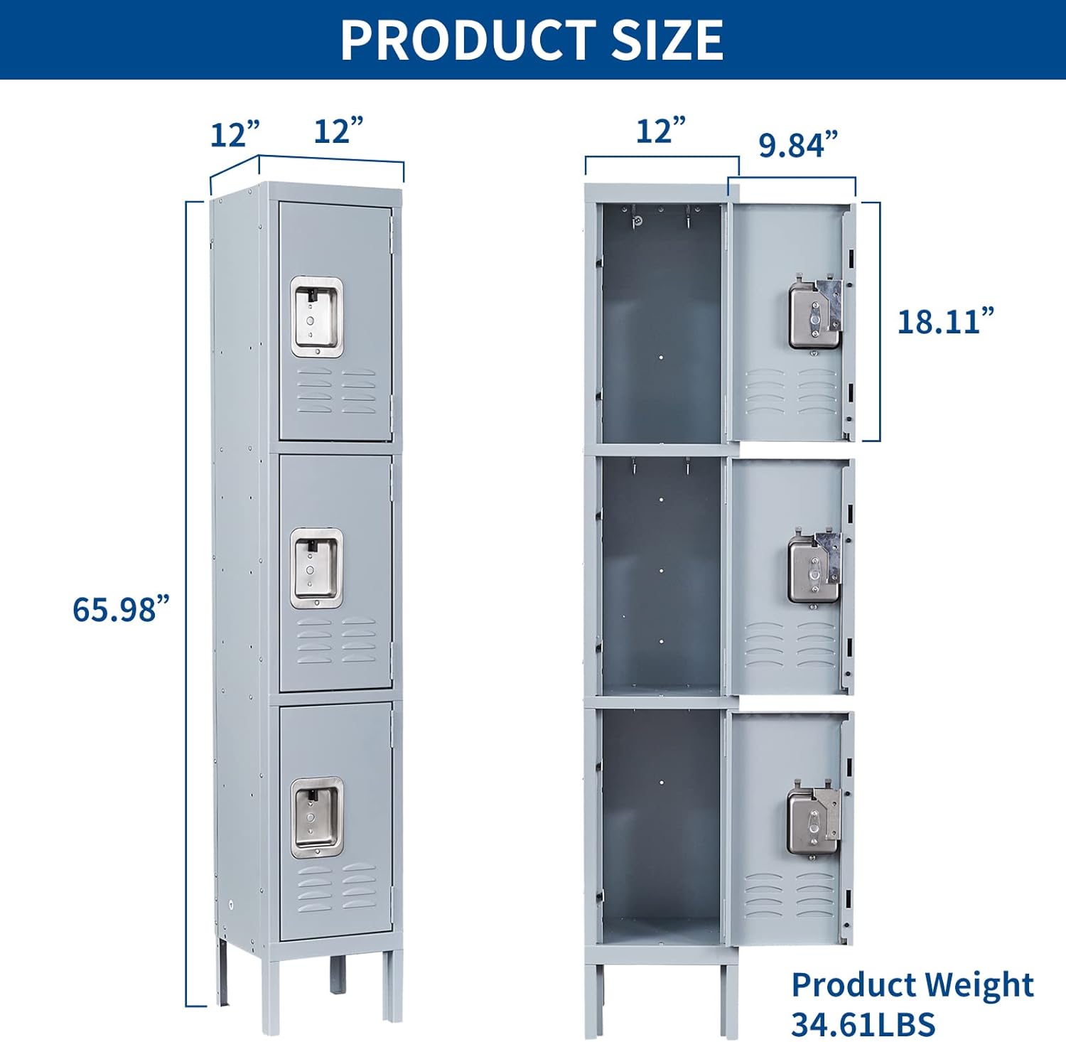 Fesbos Metal Locker Steel Storage Cabinet with 3 Doors for Office School Gym Metal Storage Locker Cabinets for Employees Students Steel Locker (Gray)