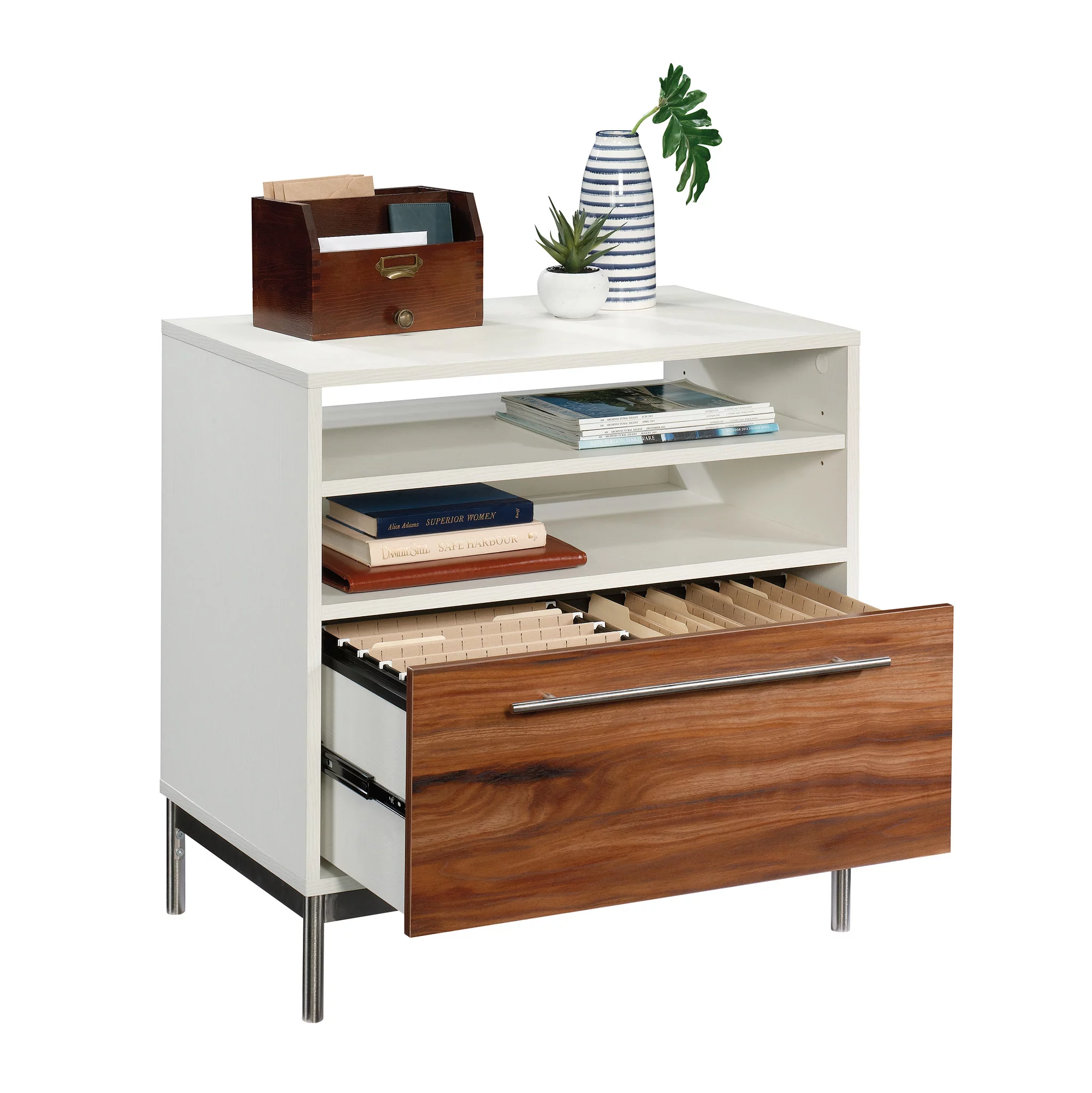 Sauder Vista Key Lateral Office File Cabinet with Open Storage, Pearl Oak Finish