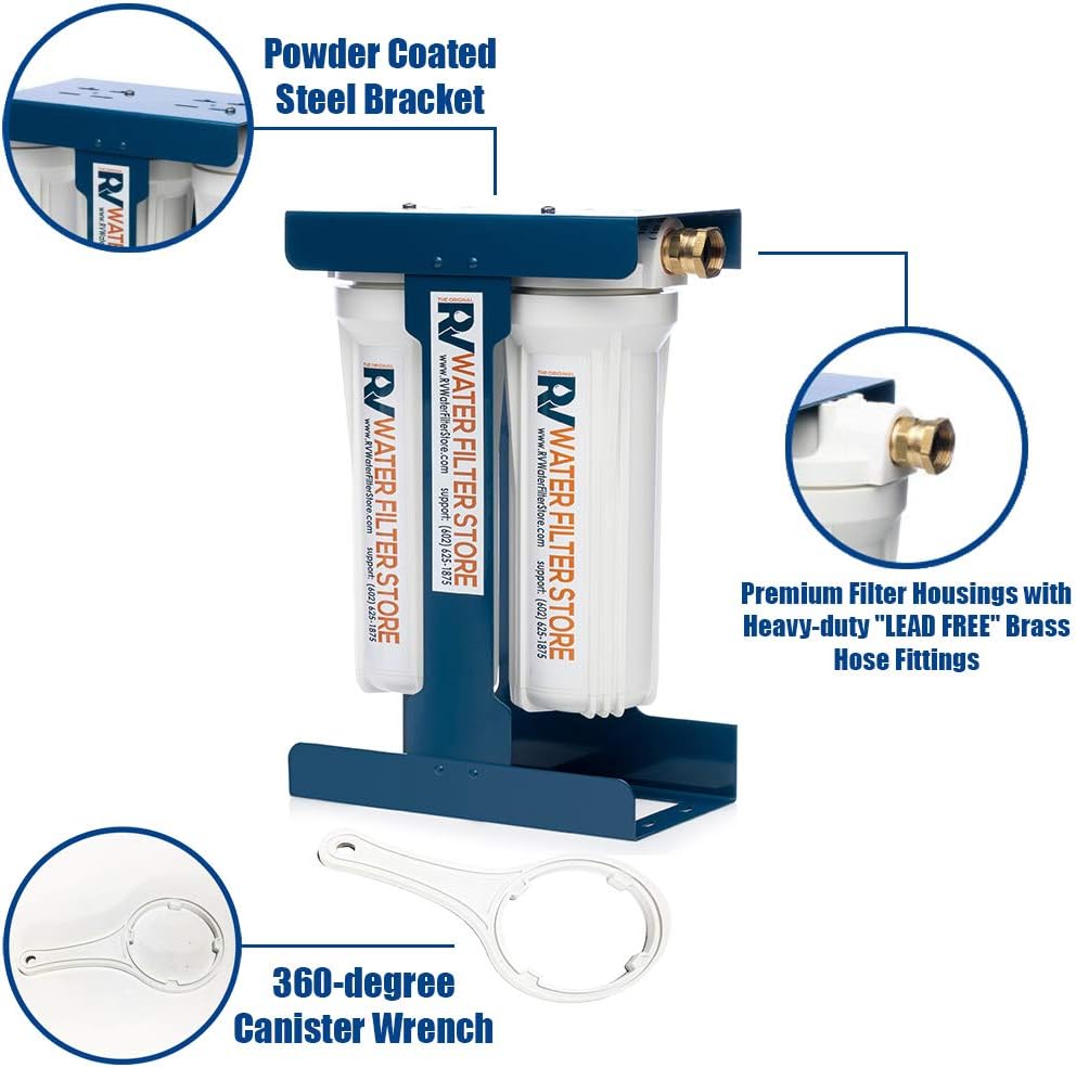 RV Water Filter Store Essential RV Water Filter System with Universal Blue Cage Mounting Bracket and Brass Hose Fittings + Warranty