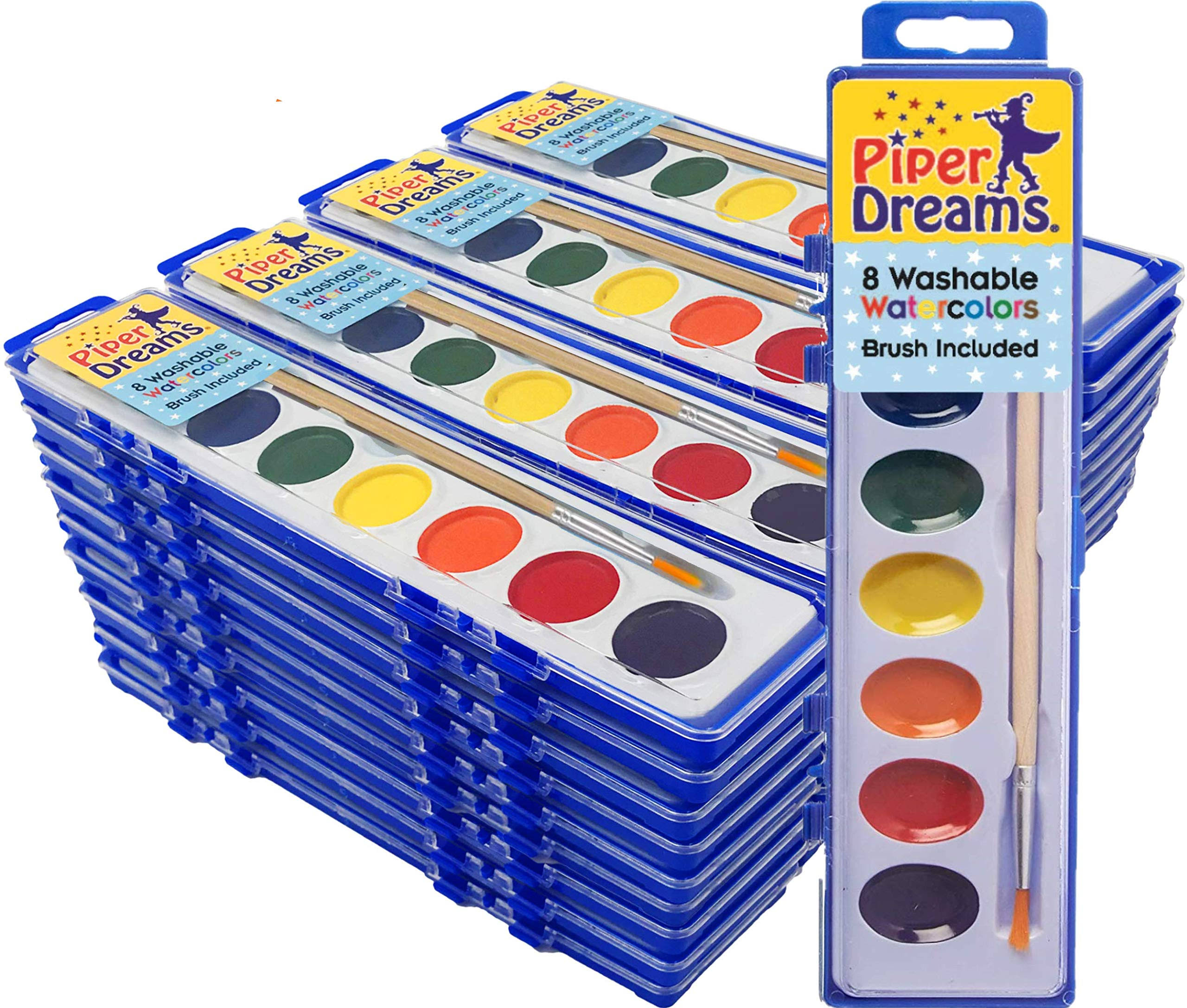 36 Pack - Watercolor Paint Sets for Kids - Quality Wood Brush - Washable - Nontoxic - 8 Vibrant Colors - Closable Lid - School o