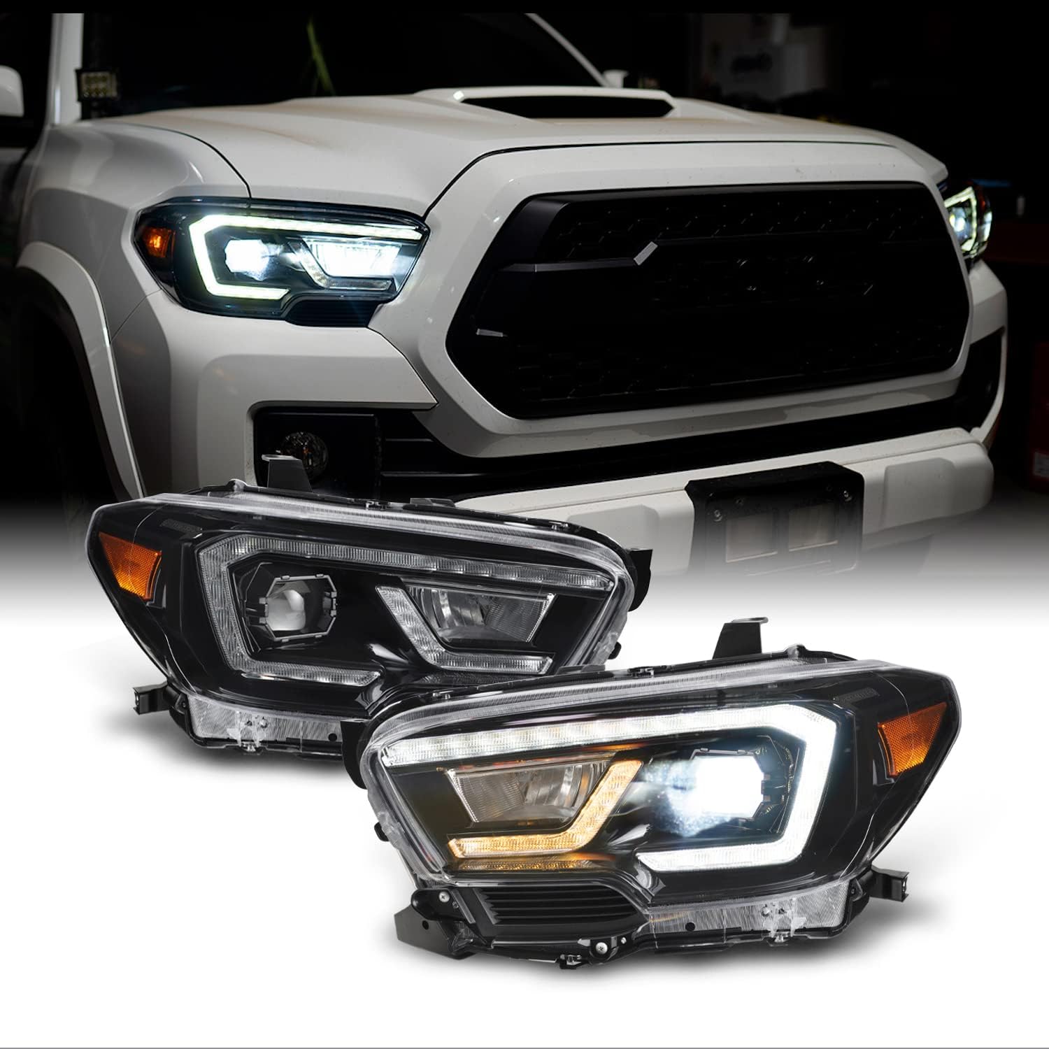 AKKON - [Full LED] For 2016-2021 Toyota Tacoma TRD/Limited LED Sequential Retrofit Projector Black Headlights Assemblies