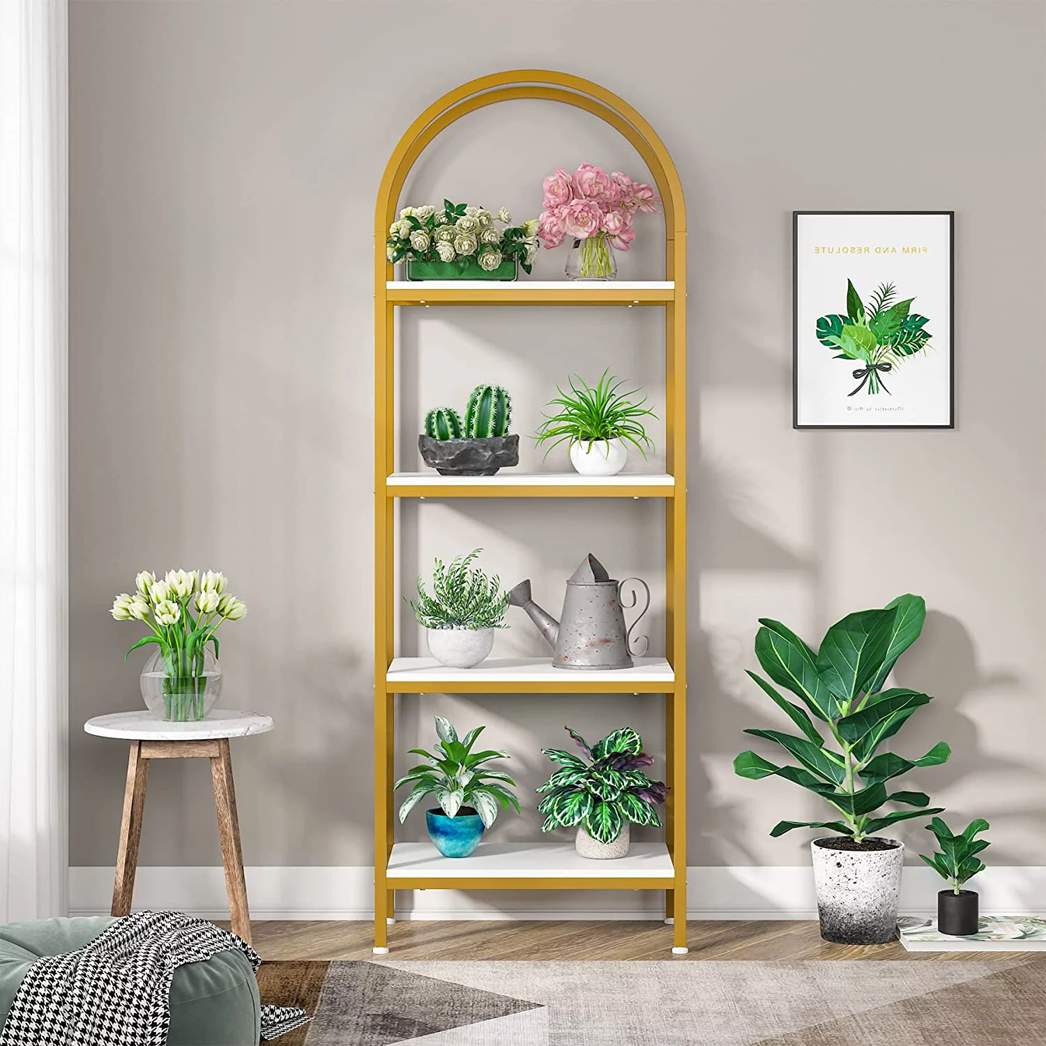 4-Tier Open Bookshelf, 70.8" Industrial Arched Bookcase Storage Shelves with Metal Frame, for Office, Bedroom, Living Room