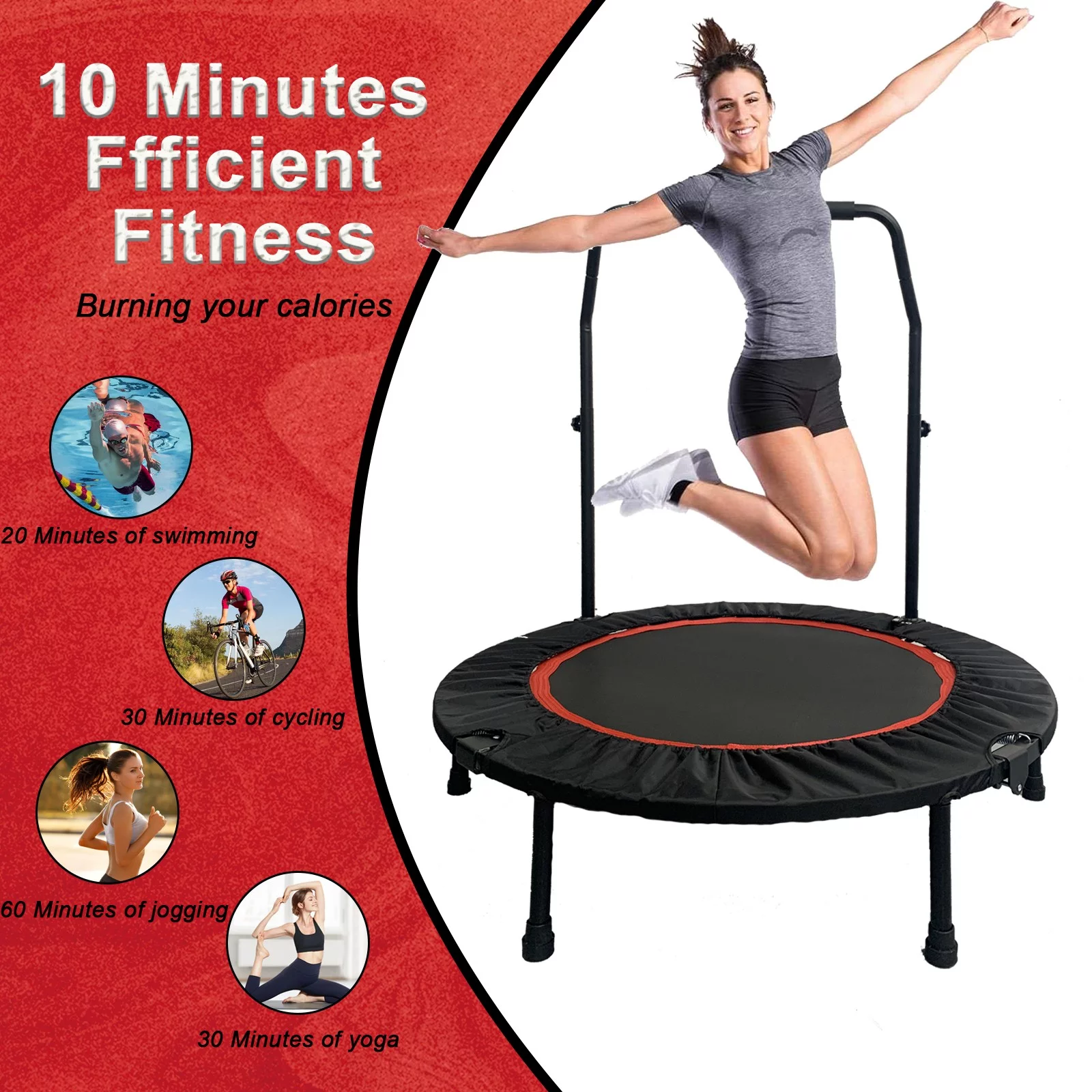JSTUOKE 40 660lbs Fitness Mini Trampoline, Exercise Rebounder Mini Trampoline for Adults, Foldable with Adjustable Handle and 6 Support Legs
