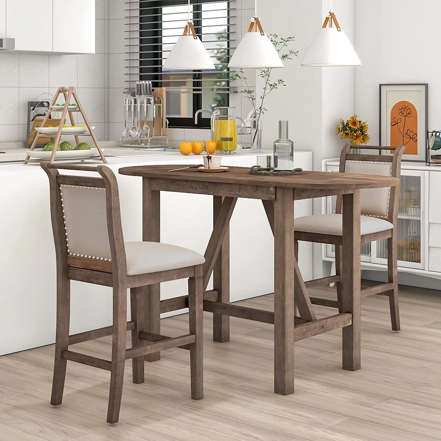 WANHUI 3-Piece Wood Counter Height Dining Table Set, with 2 Upholstered Chairs and Drop Leaf, for Small Space, Dinette, Home Kitchen Breakfast, Bar, Brown