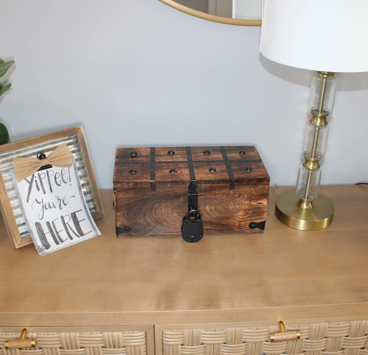Nautical Cove Treasure Chest Wooden Box with Antique Iron Lock and Skeleton Key - Storage and Decor (Medium 12.25 x 6 x 5.5) Pack of 2