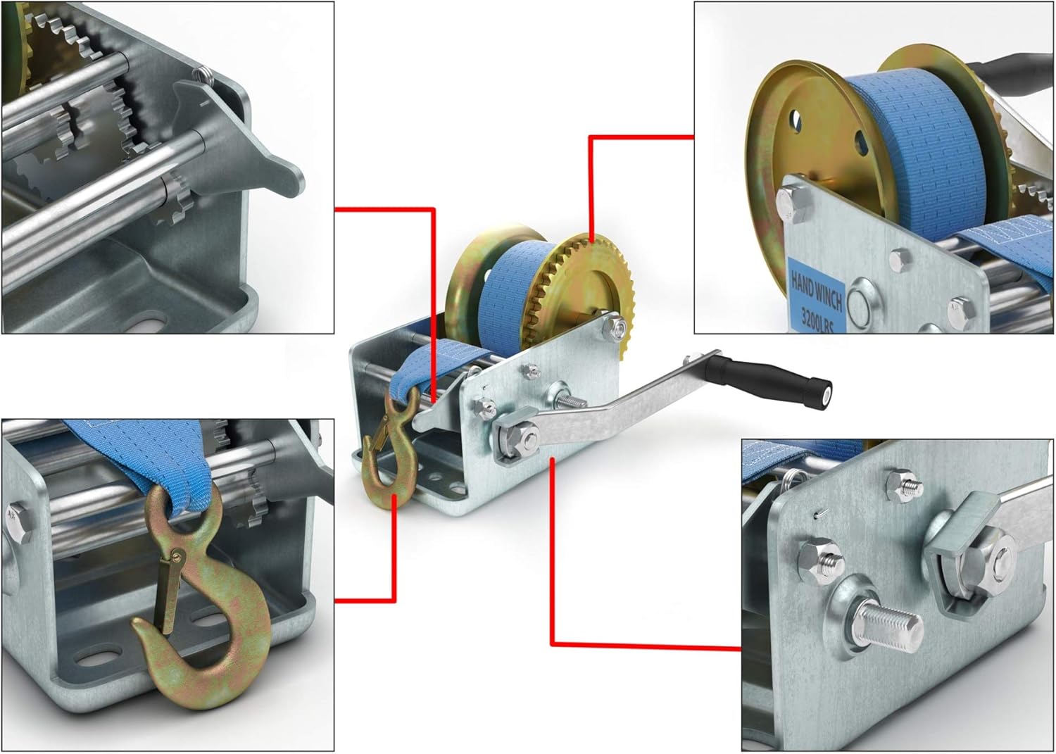 SoB 3200lbs Heavy Duty Hand Crank Winch with 10m (32ft) Strap Trailer Winch Boat Winch Marine Winch for ATV Boat Trailer Auto Pack of 2
