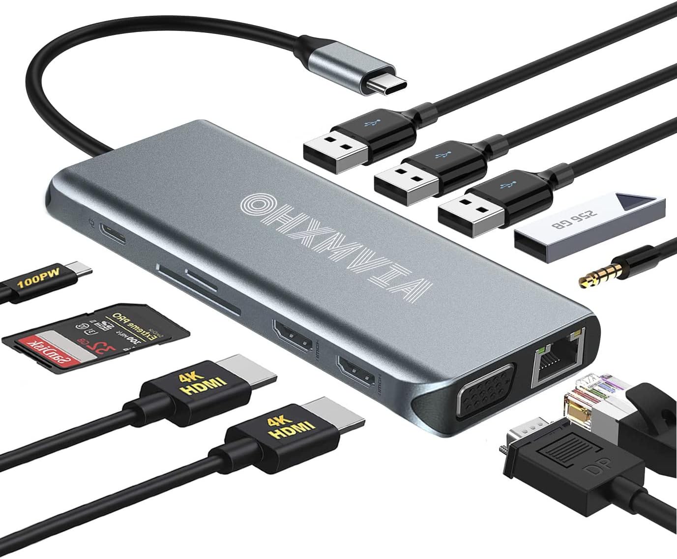 AIVMXHO USB C Laptop Docking Station, 12-in-1 USB C Hub with Dual 4K HDMI, VGA, Gigabit Ethernet, 2 USB 3.0, 2 USB 2.0, 100W PD, SD/TF Card Reader, AUX, for Type-C Laptops