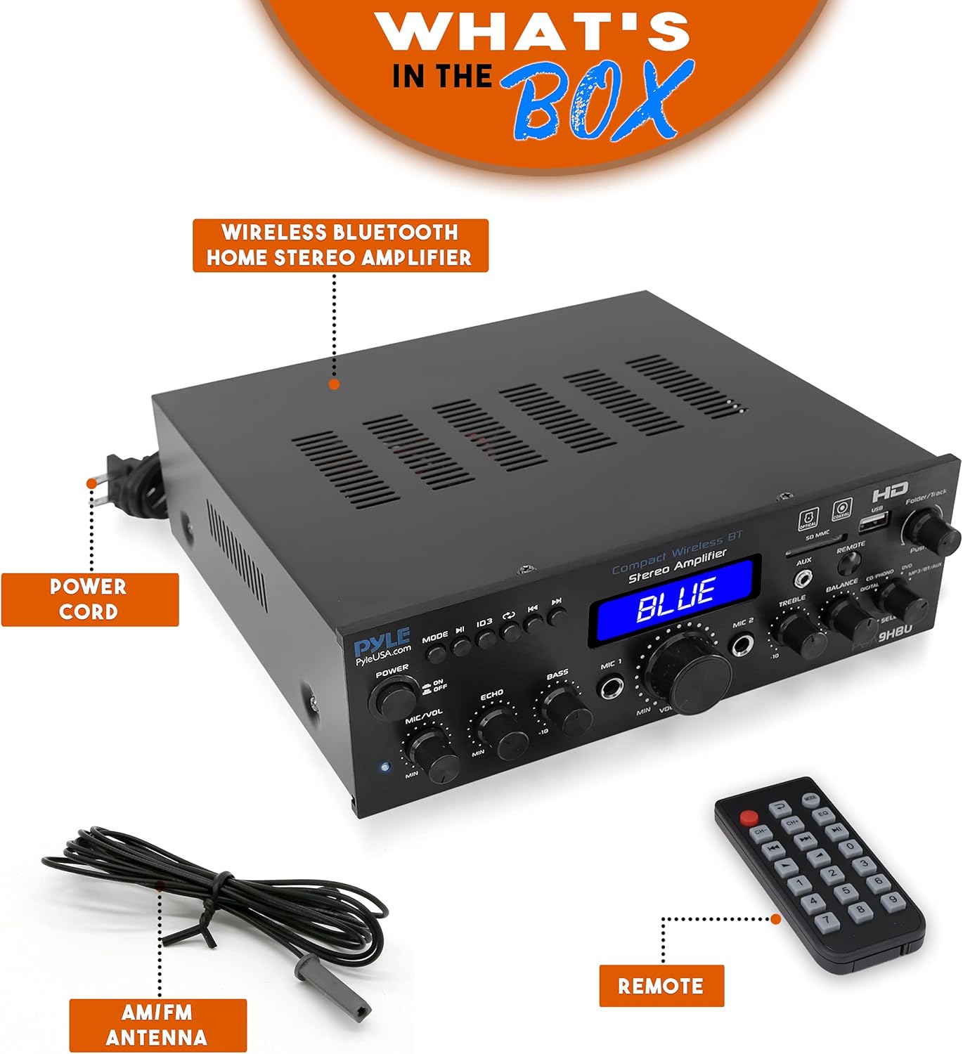 Wireless Bluetooth Home Stereo Amplifier - Multi-Channel 200 Watt Power Amplifier Home Audio Receiver System w/HDMI, Optical/Phono/Coaxial, FM Radio, USB/SD, AUX, RCA, Mic - Remote - Pyle PDA9HBU.5