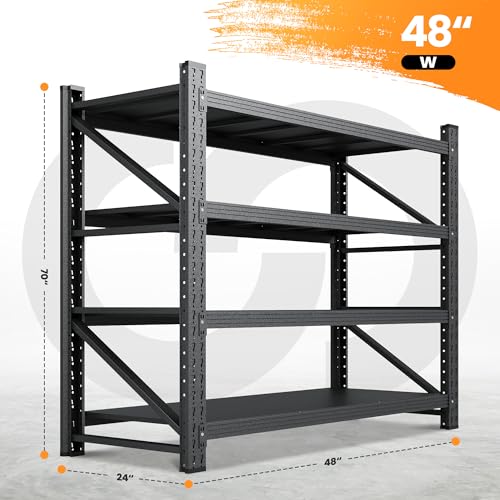 71” W Storage Shelves Heavy Duty, 5000LBS Metal Garage Shelving Units, 4 Tier Storage rack shelf, Steel Industrial Shelving , Adjustable Standing Shelf for Basement/Warehouse 71"W x 24"D x 70"H, Black