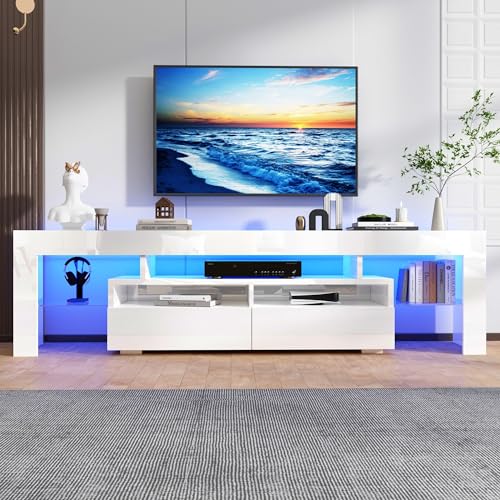 70in TV Stand for 75/80 inch TV,Modern LED TV Stand for Living Room,Black TV Stand,High Gloss TV Entertainment Center with Storage Drawer,APP RGB Light,TV Console(71in White)