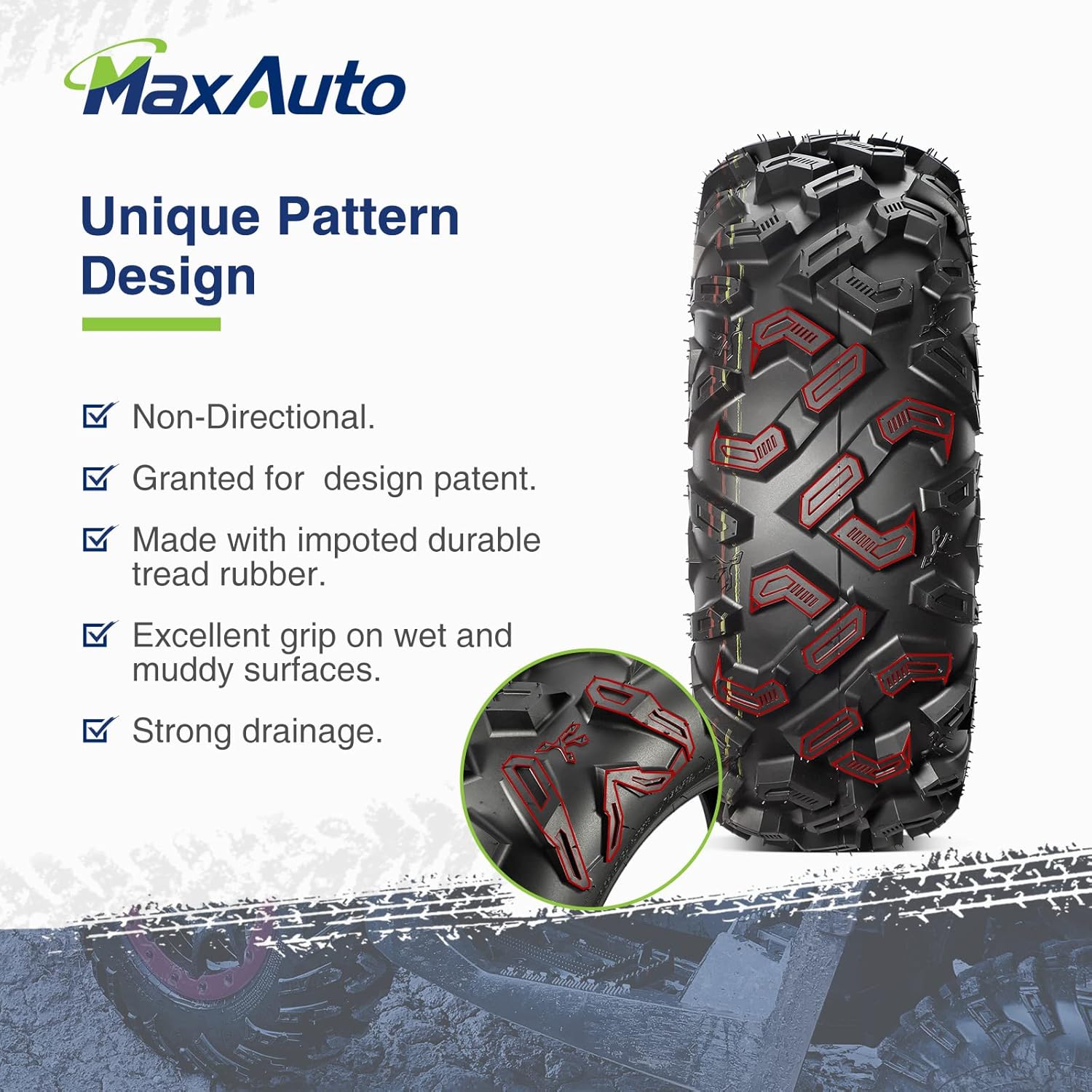 MaxAuto 25x8-12 25x10-12 ATV Tires Set of 4,6PR,Tubeless,0.8" Tread Depth,25x8x12 and 25x10x12 All Terrain Tires
