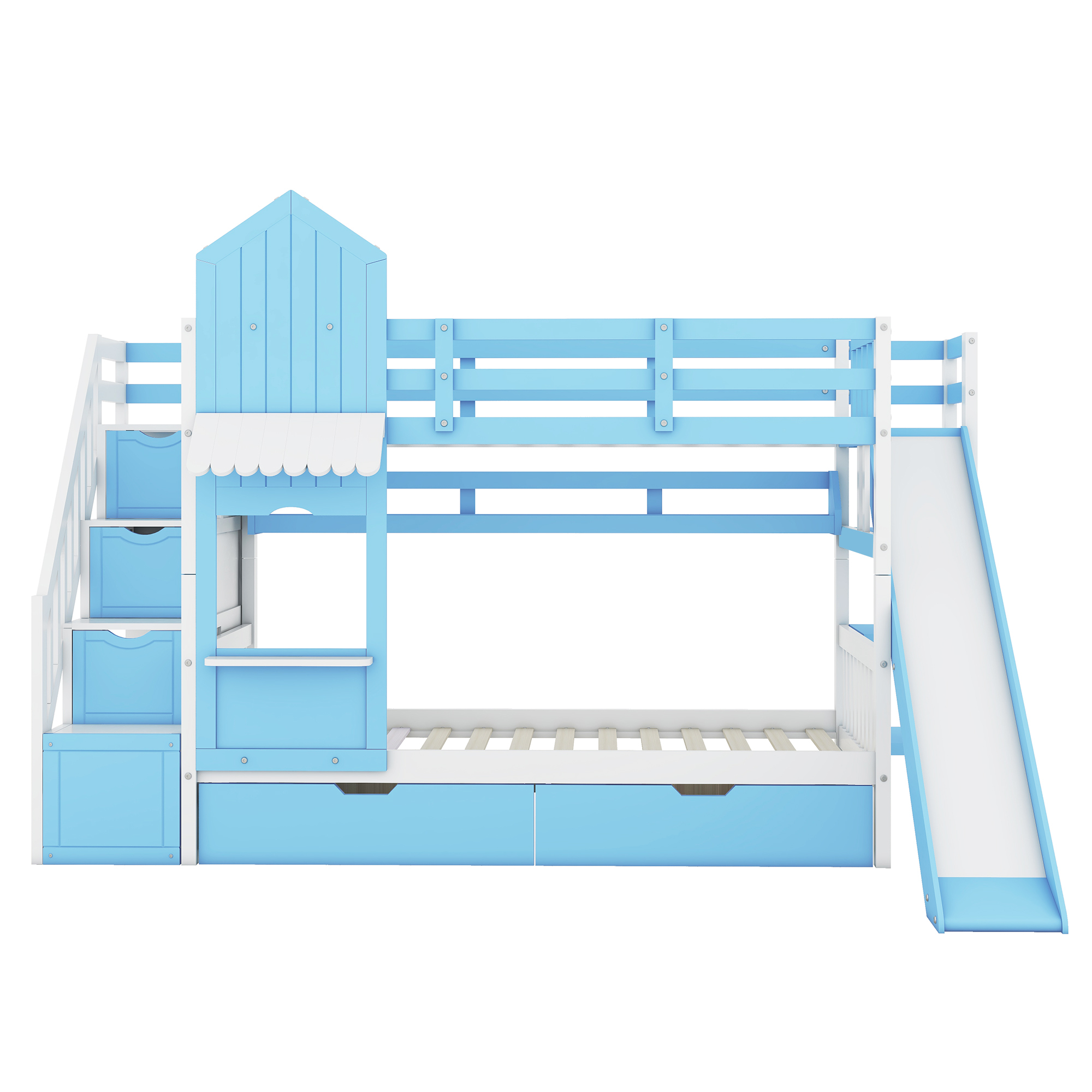 Blue Castle-Themed Twin Bunk Bed with Slide, 2 Drawers & 3 Shelves for Kids' Room