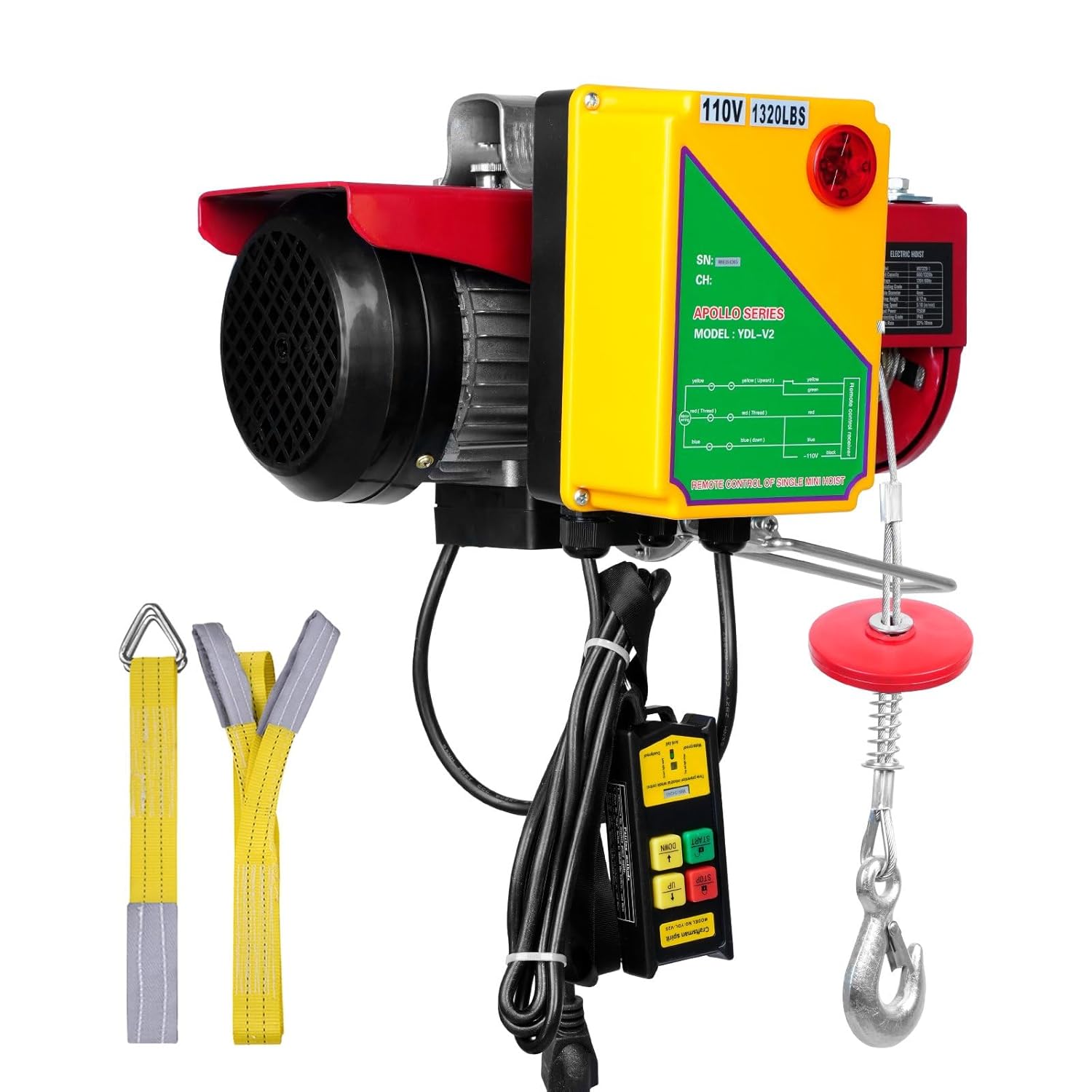DOUKI Heavy Duty Electric Hoist with Wireless Remote Control - 1320 lbs Lifting Capacity, 1150W 110V Steel Wire Winch, 40ft Single Cable Lifting Height - Ideal for Garage, Warehouse, Factory