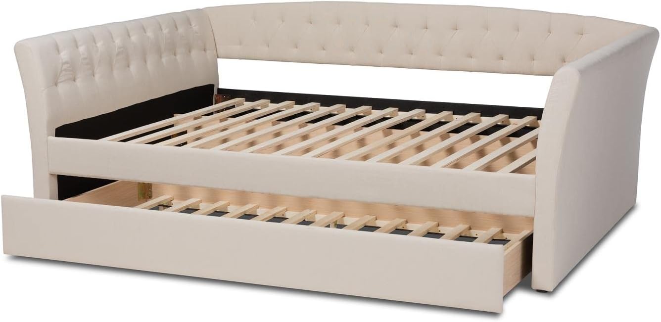 Baxton Studio Delora Modern and Contemporary Beige Fabric Upholstered Full Size Daybed with Roll-Out Trundle Bed