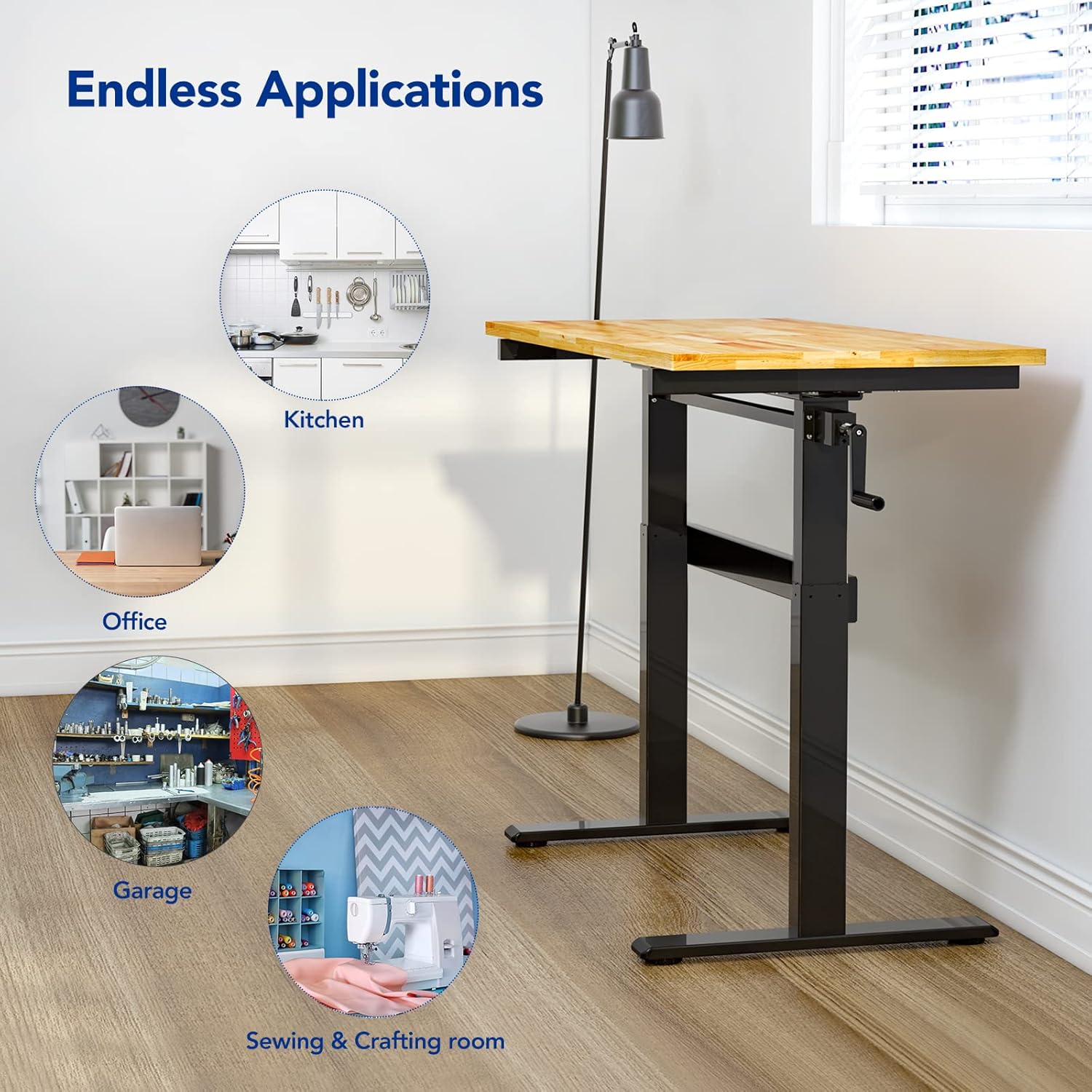 FLEXIMOUNTS Height-Adjustable Work Table with Crank Handle, 500-lb Capacity Rubberwood Top Garage Workbench and Sit-Stand Desk, Lift Range from 29.5 to 44.1 inch