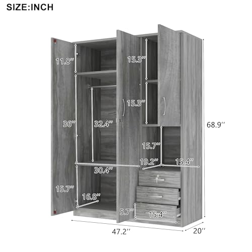Merax Wooden Wardrobe Closet Organizer with Big Drawers, Hanging Rail and Shelves Tall 3 Doors Armoire Clothes Storage Cabinet for Bedroom, Laundry & Living Room, Easy Assembly, Grey