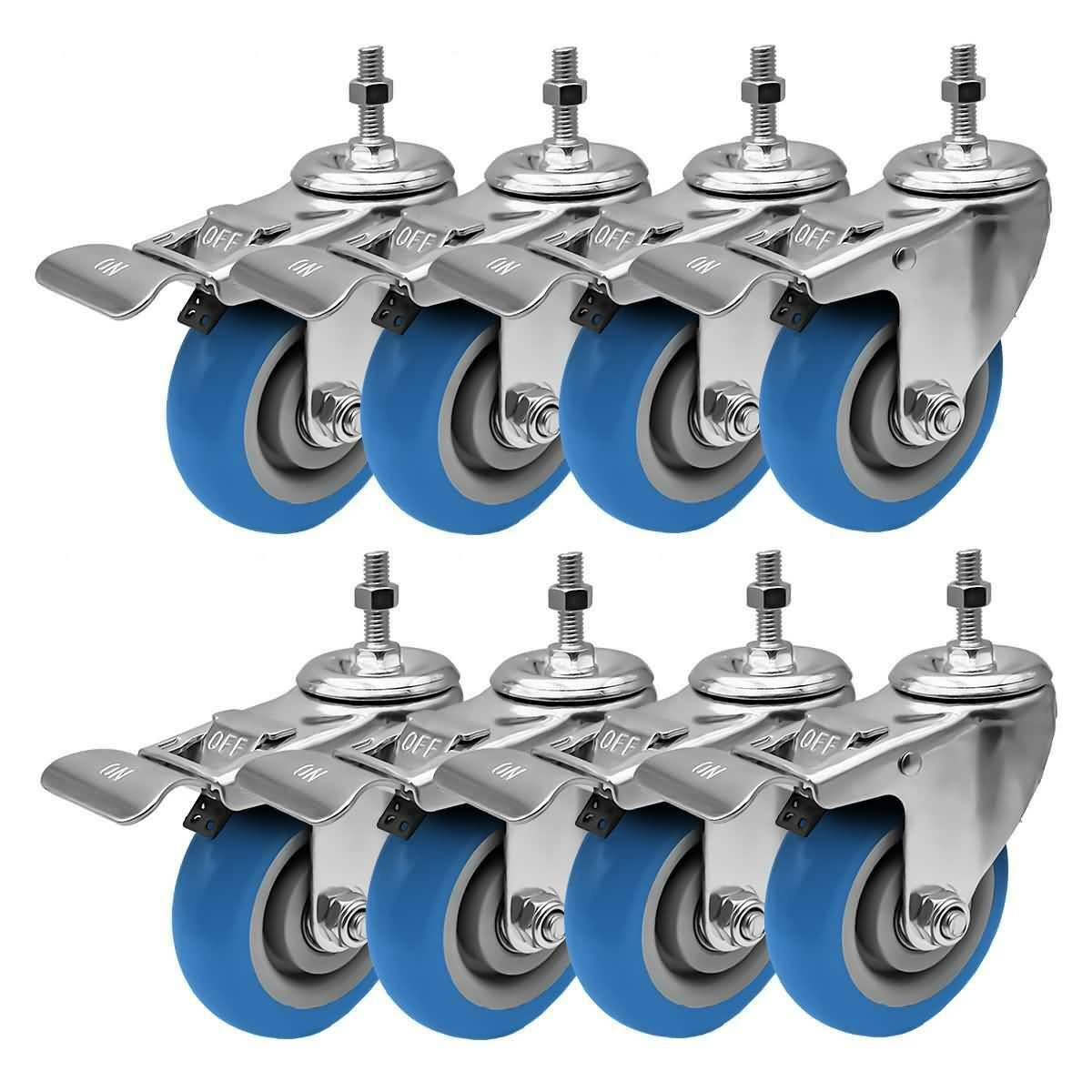 Factorduty 4 inch Blue Caster Wheel with Brake Dual Locking 3/8 inch-1.2 inch Threaded Stem Mount Caster Wheel Polyurethane Whee