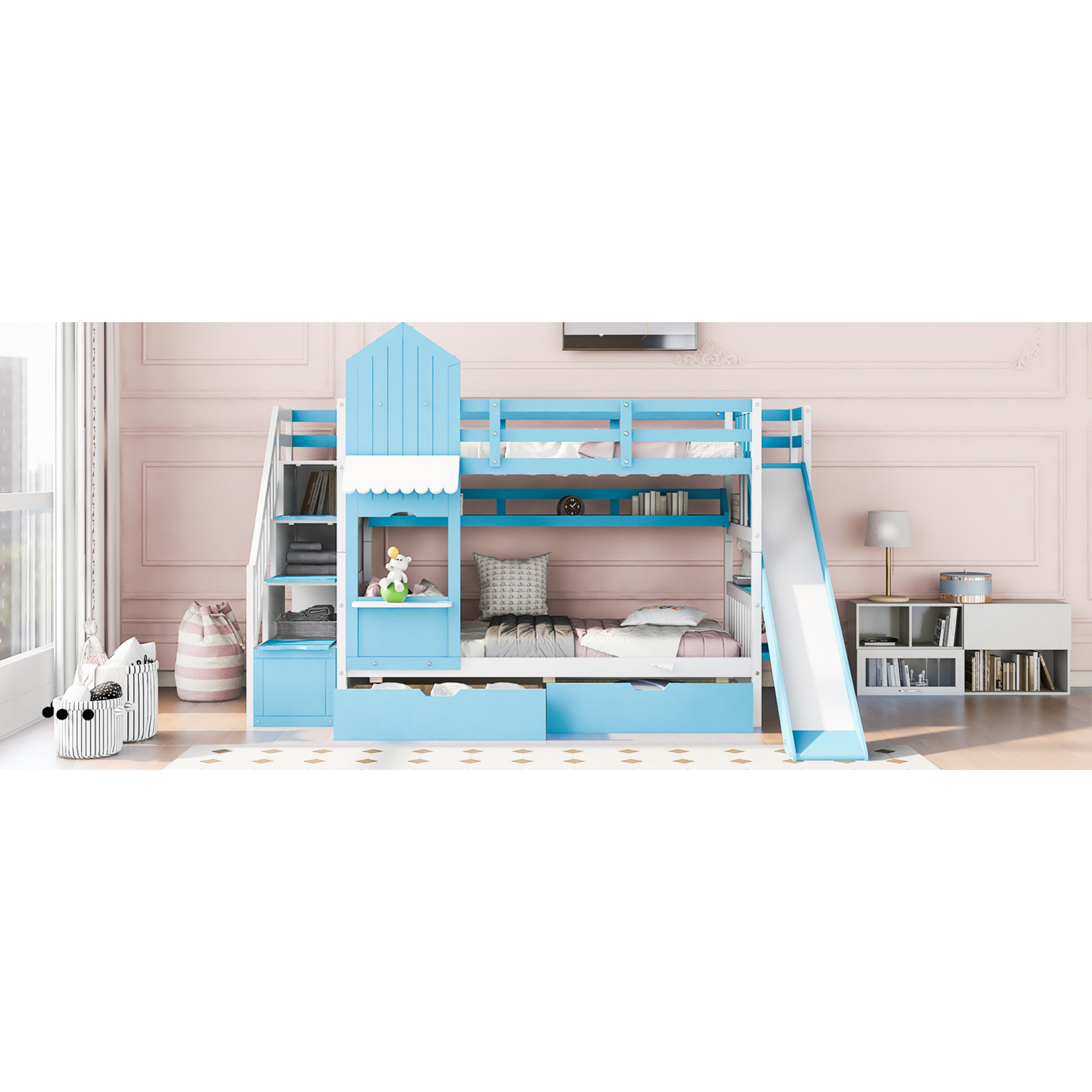Blue Castle-Themed Twin Bunk Bed with Slide, 2 Drawers & 3 Shelves for Kids' Room
