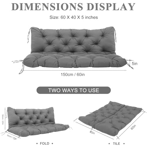 Outdoor Swing Cushions 60 inch 2-3 Seater Patio Swing Cushions Thicken 5" Replacement Waterproof Bench Cushions with Backrest Ties for Patio Porch Lawn Garden Backyard(Grey)