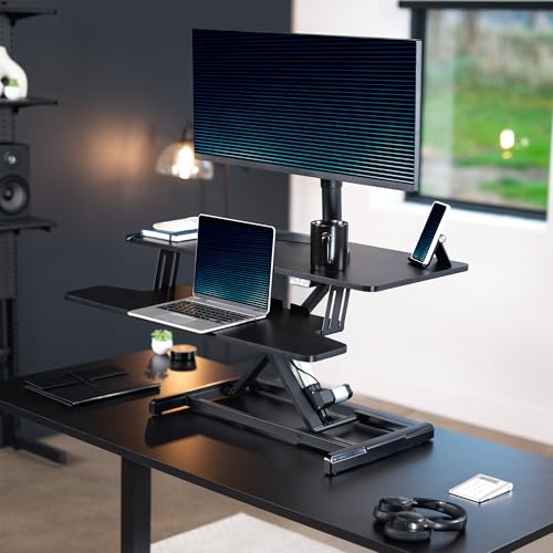 VIVO 42 inch Electric Motor Desk Converter, Height Adjustable Riser, Sit to Stand Dual Monitor and Laptop Workstation with Wide Keyboard Tray, Black, DESK-VE42B