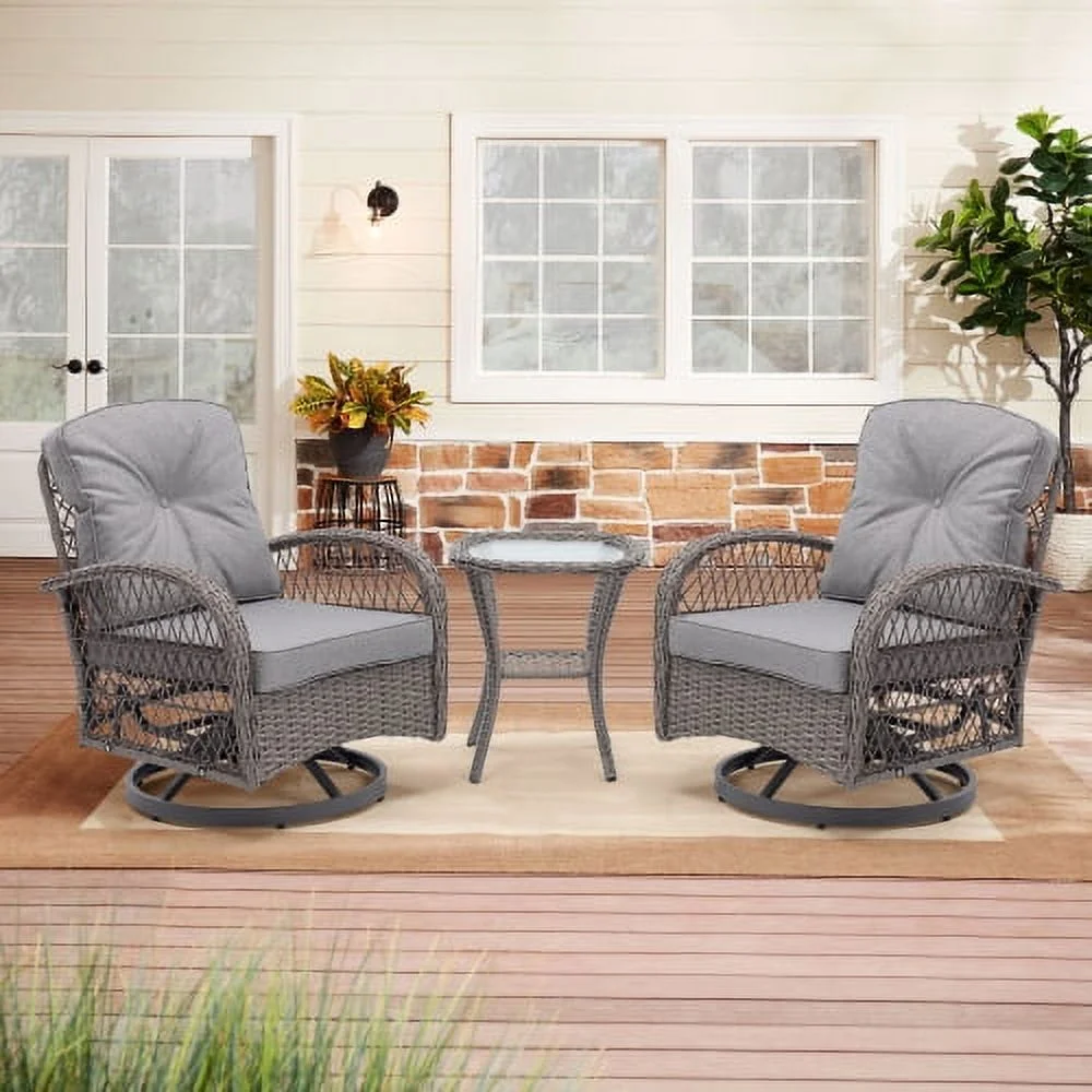 3 Pieces Outdoor Swivel Rocker Patio Chairs, 360 Degree Rocking Patio Conversation Set with Thickened Cushions and Glass Coffee Table for Backyard, Grey - Curated Treasures Market