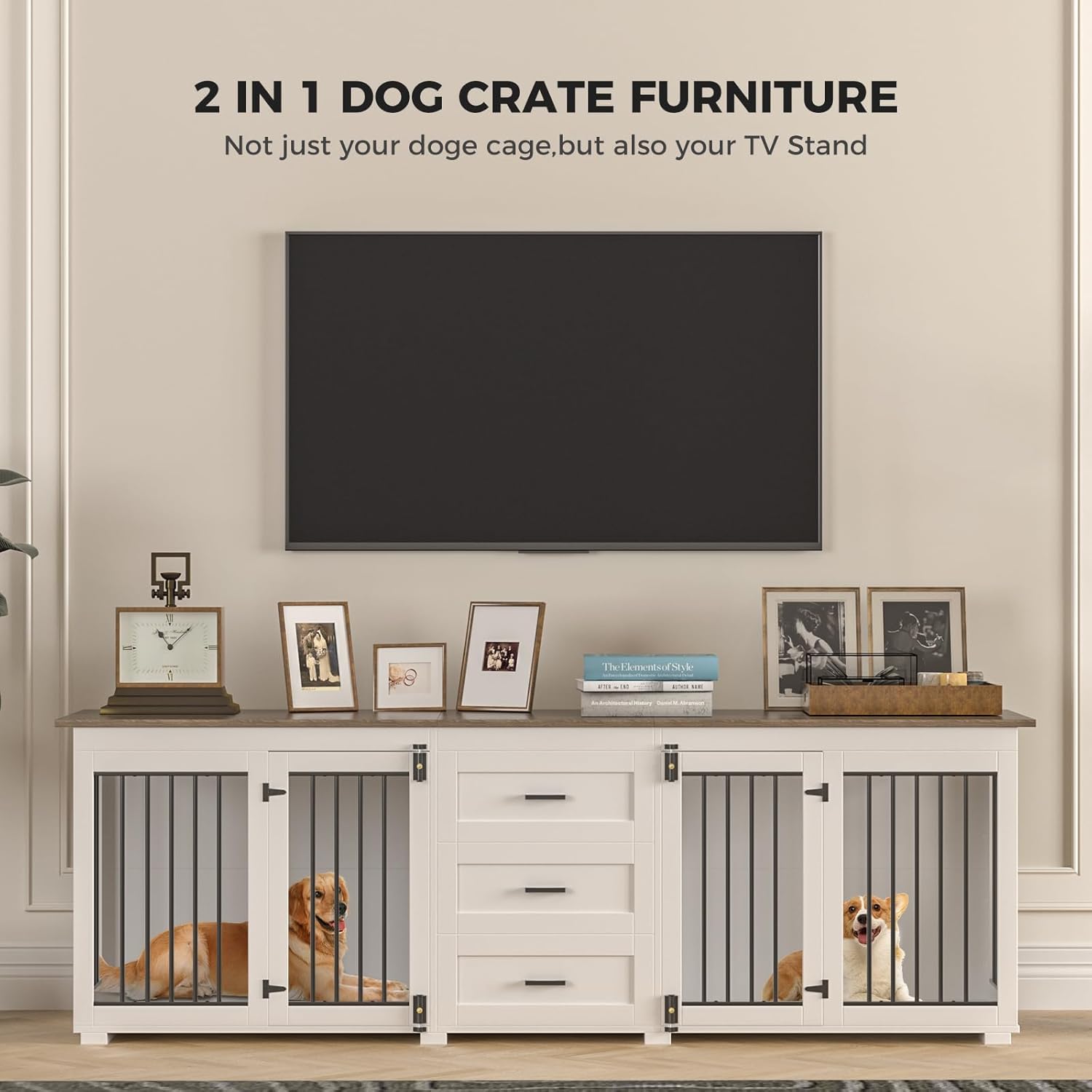 94.5" Large Dog Crate Furniture for 2 Dogs, Wooden Double Dog Kennel Furniture with 3 Drawers, Heavy Duty Indoor Furniture Style Dog Crate/TV Stand - White