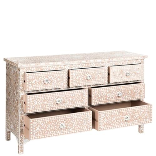Inlay Floral Design Hand Painted Wooden Chest of Drawers for Bedroom, Living Room, Dining Room, Office, Home Decor, Pink (Gray)