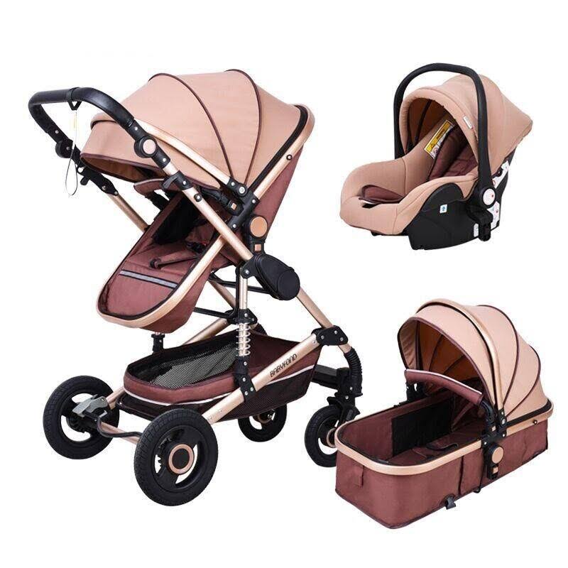 (Romantic Red) High Landscape Baby Stroller 3 in 1 Stroller Multifunctional Car