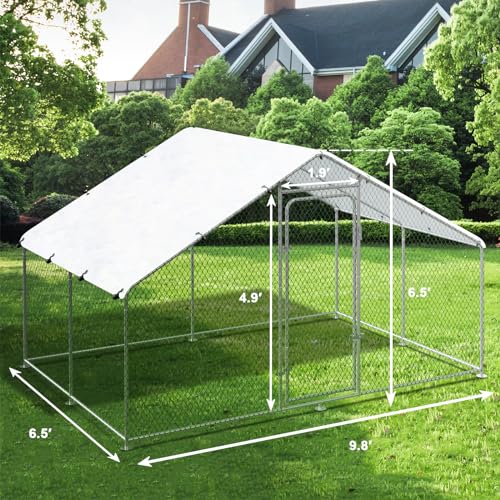 Large Metal Chicken Coop Walk-in Chicken Run with Waterproof Cover Outdoor Backyard Farm Anti-UV Spire Shaped Cage for Poultry, Ducks, and Rabbits(13.1’L x 9.8’W x 6.5’H)