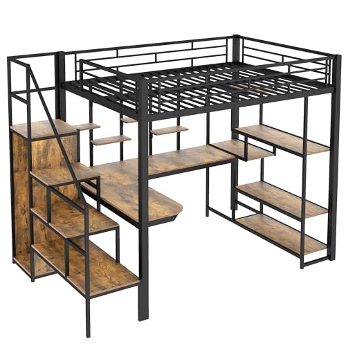 Modern Full Size Metal Loft Bed with Storage Staircase and Small Wardrobe, Multi-functional Metal Loft Bed Frame with Built-in Desk and Storage Shelves (White/L7)