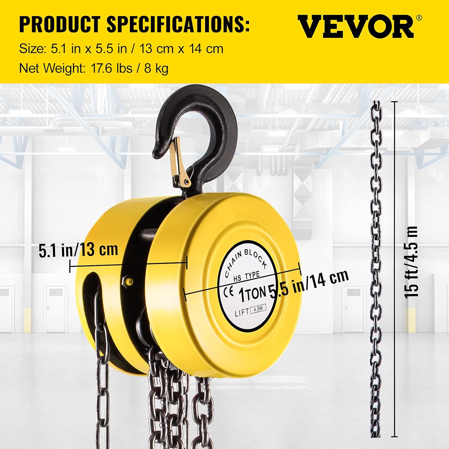 VEVOR Hand Chain Hoist, 2200 lbs /1 Ton Capacity Chain Block, 15ft/4.5m Lift Manual Hand Chain Block, Manual Hoist w/Industrial-Grade Steel Construction for Lifting Good in Transport & Workshop, Yell Pack of 2