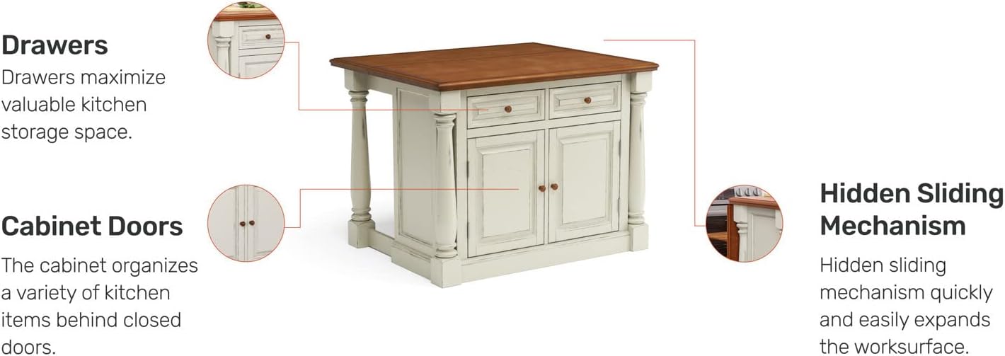 Homestyles Monarch Kitchen Island Set, 50 Inch Width, Antique White