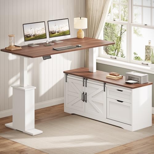 SEDETA Farmhouse L Shaped Standing Desk, 55 inch Height Adjustable Corner Desk with Storage Drawers, Standing Computer Desks with Power Outlets for Home Office, Black