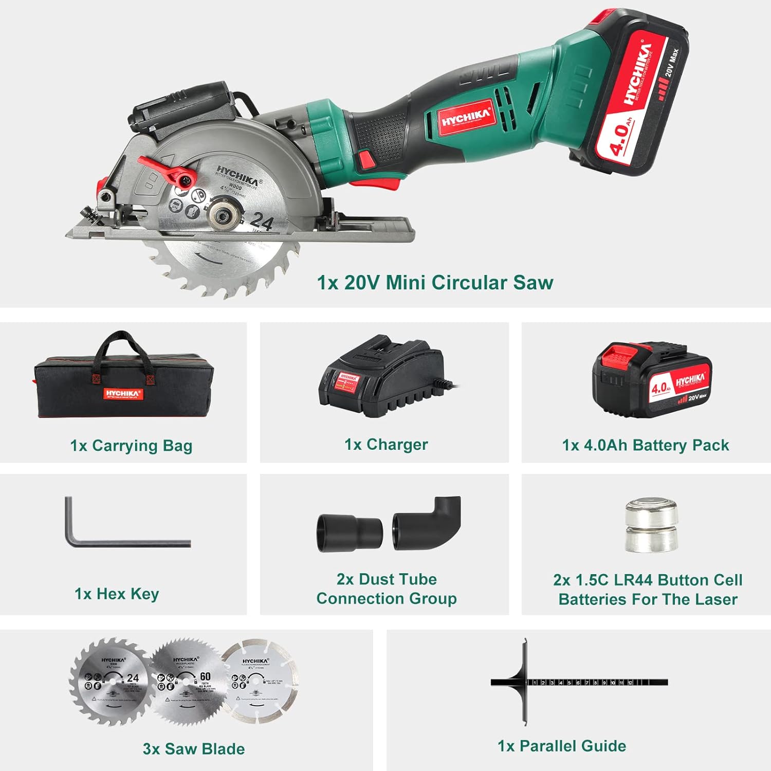 HYCHIKA Cordless Circular Saw,20V Mini Circular Saw with 4.0Ah Battery，3 Blades(4-1/2",4-9/10"),3500RPM Max Cuting Depth:90°(48mm)/45°(32mm),Compact Circular Saw for Wood, Plastic and Soft Metal
