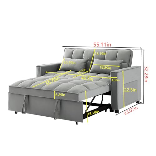 Homtique Pull Out Sleeper Sofa Bed, 55" Tufted Velvet Convertible Loveseat Futon Sofa with 3 in 1 Pullout Bed, Adjustable Backrest w/Lumbar Pillows Side Pockets for Living Room, Bedroom,Black