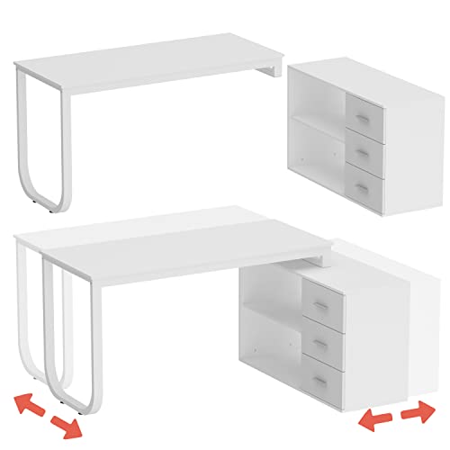 FAMAPY 55.1” L-Shaped Desk with Drawers and Shelves, Office Desk Corner Desk with Storage, Computer Desk Craft Desk for Home Office Bedroom White