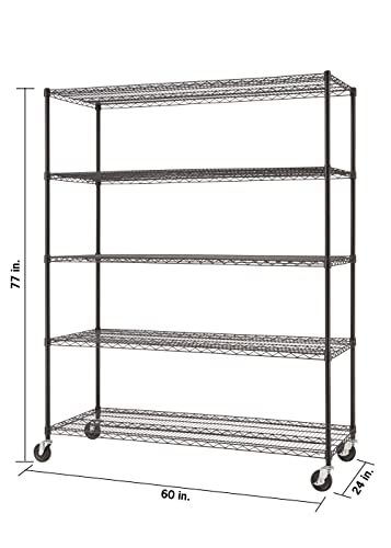 TRINITY BASICS 5-Tier Adjustable Wire Wheels for Kitchen Organization, Garage Storage, Laundry Room, NSF Certified, 600 to 2250 Pound Capacity, 60” by 24” by 77”, 5 shelves 72" tall, Black