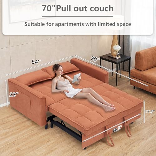 3 in 1 Convertible Sleeper Sofa Bed,Futon Loveseat Couch with Pull-Out Bed & Adjustable Backrest,Velvet Fabric Sofa with Side Pocket for Small Apartment, Living Room, Office (Black)