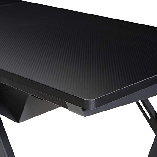 OSP Home Furnishings Avatar Battlestation L-Shape Gaming Desk with Bluetooth RGB LED Lights and Carbon Fiber Surface, Red