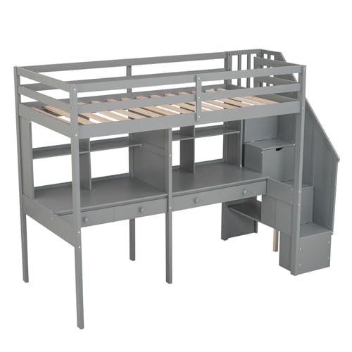 Full Size Loft Bed with A Desk, Wardrobe and Three Storage Drawers, Open Storage Cabinet, 64.9''H Wood Loft Bed Frame with Wood Slats Support, Space-Saving Design (Gray * Full,256)