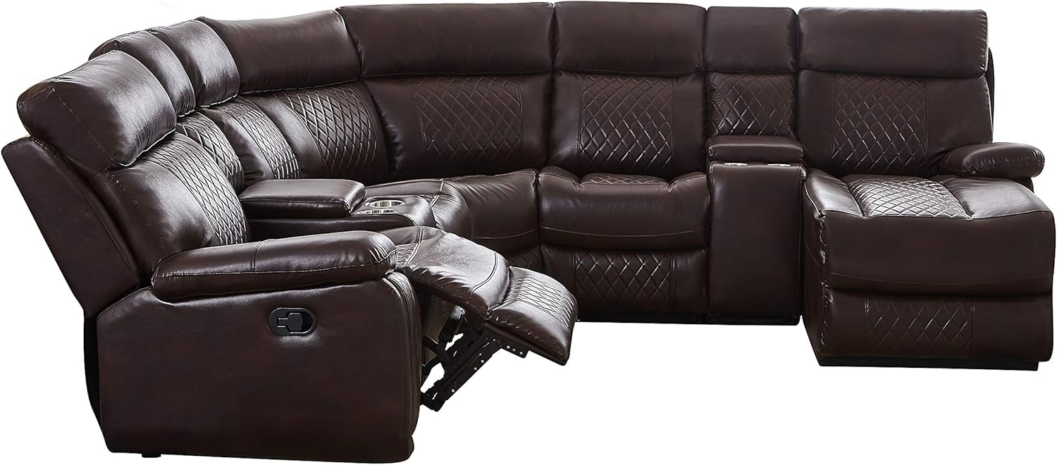 Living Room Manual Motion Upholstered Sectional, L Shape PU Leather Corner Reclining 4 Cup Holders and Storage Boxs for Villa Home Apartment Furniture, Brown Havery Duty Sofa & Couch