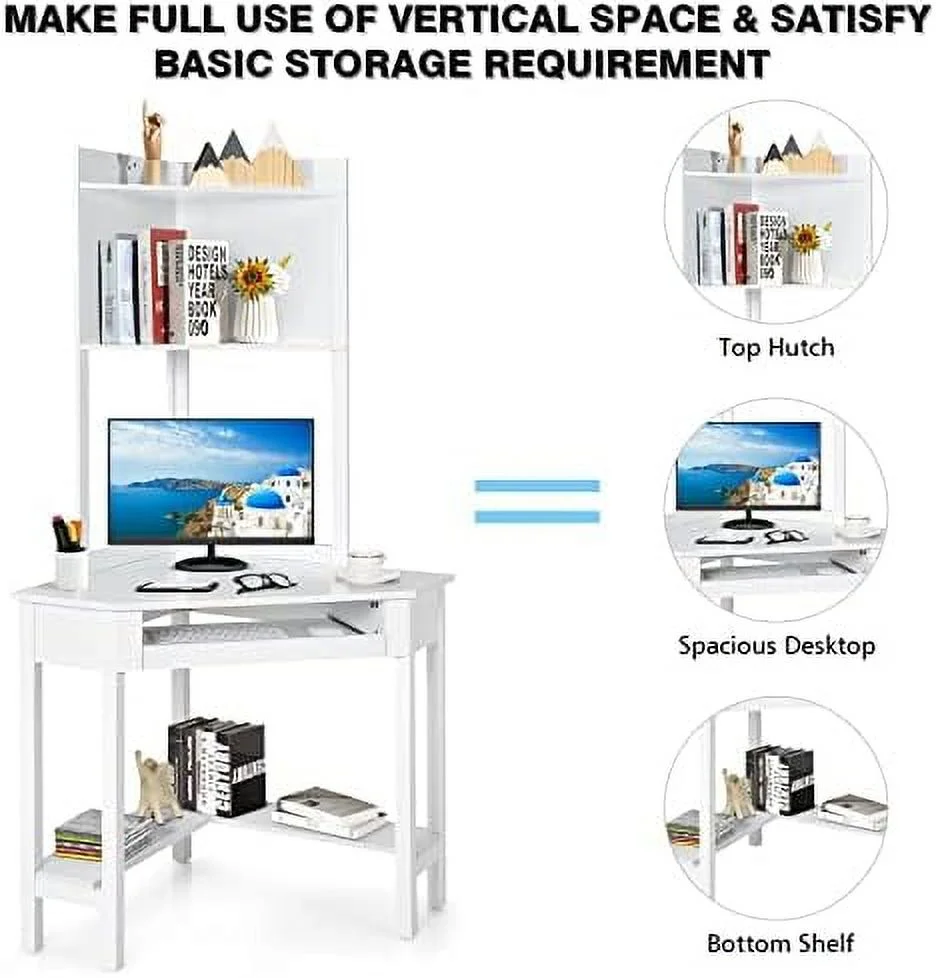 Corner Computer Desk with Hutch  Triangle Corner Desk w/Keyboard Tray and Bookshelves  Corner Writing Desk with  Shelves  Small Corner Desks for Small Spaces (White)