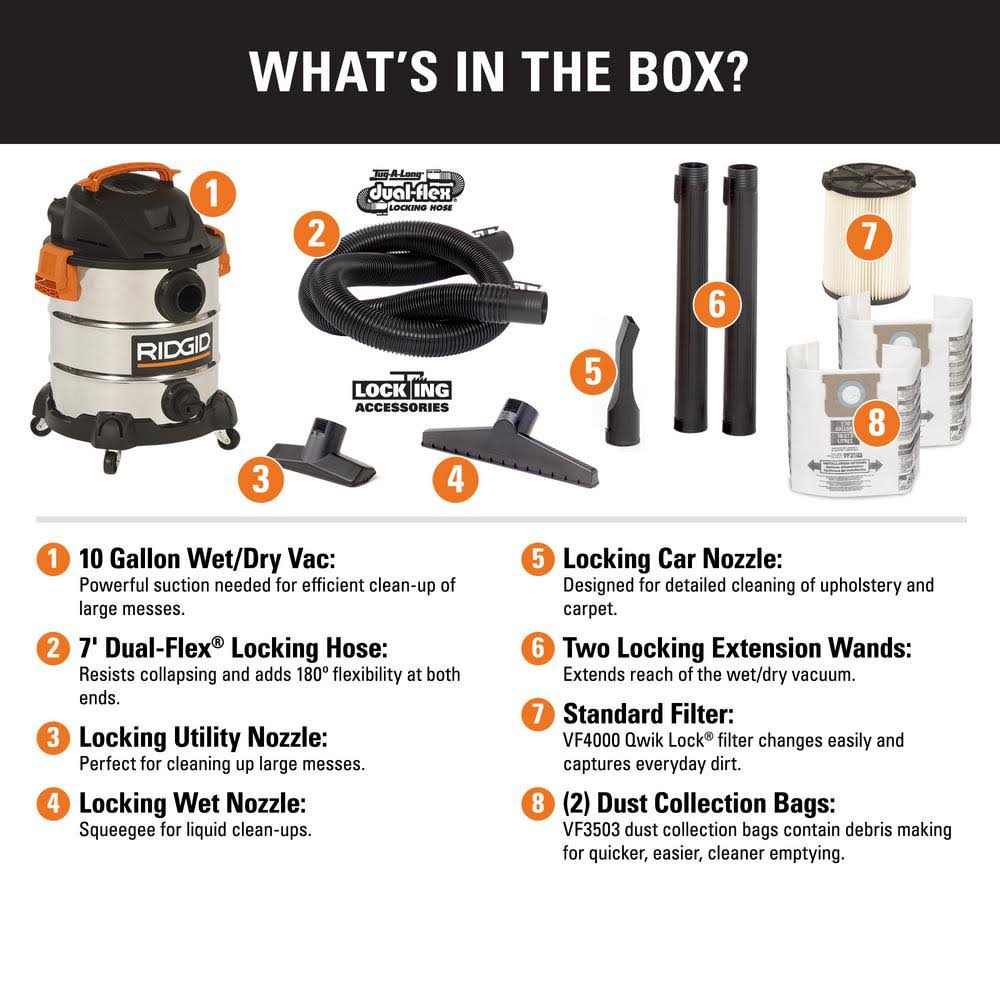 Ridgid 10 gal. 6.0 Peak HP Stainless Wet Dry VAC with Bonus Dust Bags