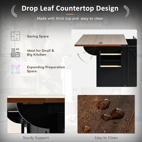 54.5" Farmhouse Mobile Kitchen Island with Power Outlet, Drop Leaf, Spice Rack and Drawer - Rolling Kitchen Cart with Ample Storage, Rustic Storage Islands for Home and Dining Room