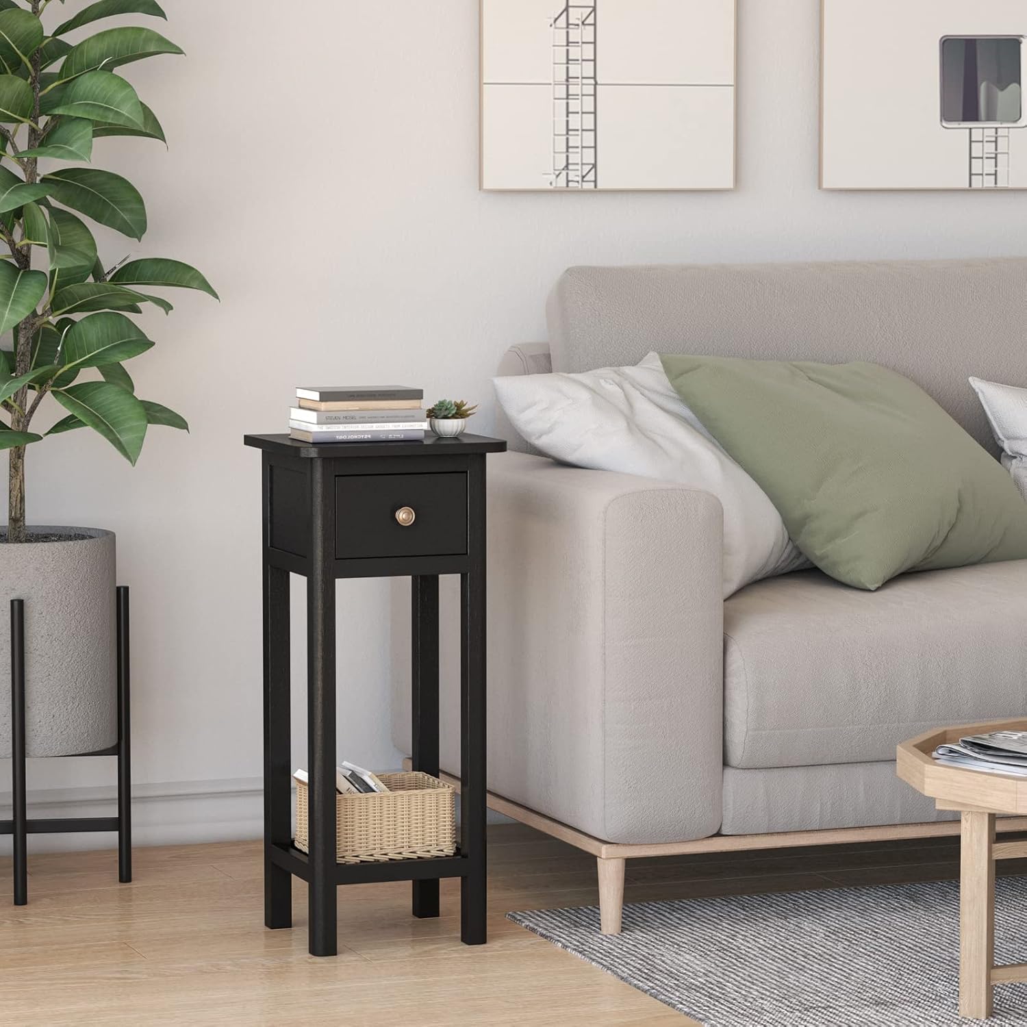 GORELAX Narrow End Table, Tall Nightstands Set of 2 with Drawer & Shelf, Slim Bedside Tables w/Anti-Tipping Device, No Assembly, Wooden Small Side Table for Small Space, Living Room, Bedroom, Black